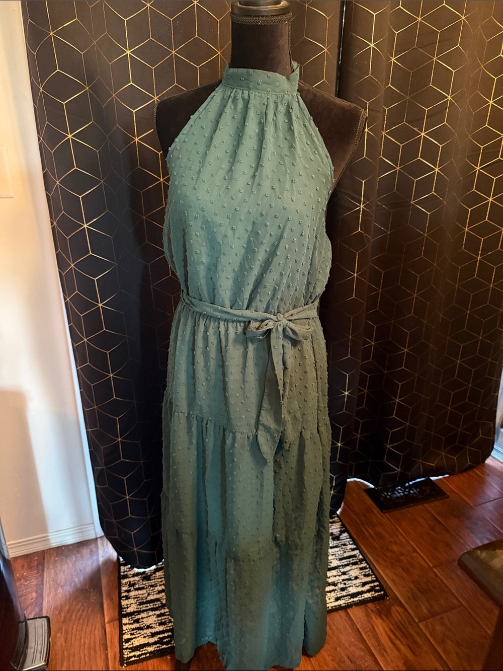 Halter Neck Textured Maxi Dress in Dark green